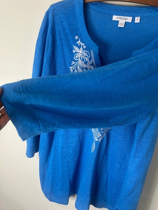 CHICO’S Soft Linen Embroidered Tunic in Poolside Blue Size 2 Large - Picture 9 of 14